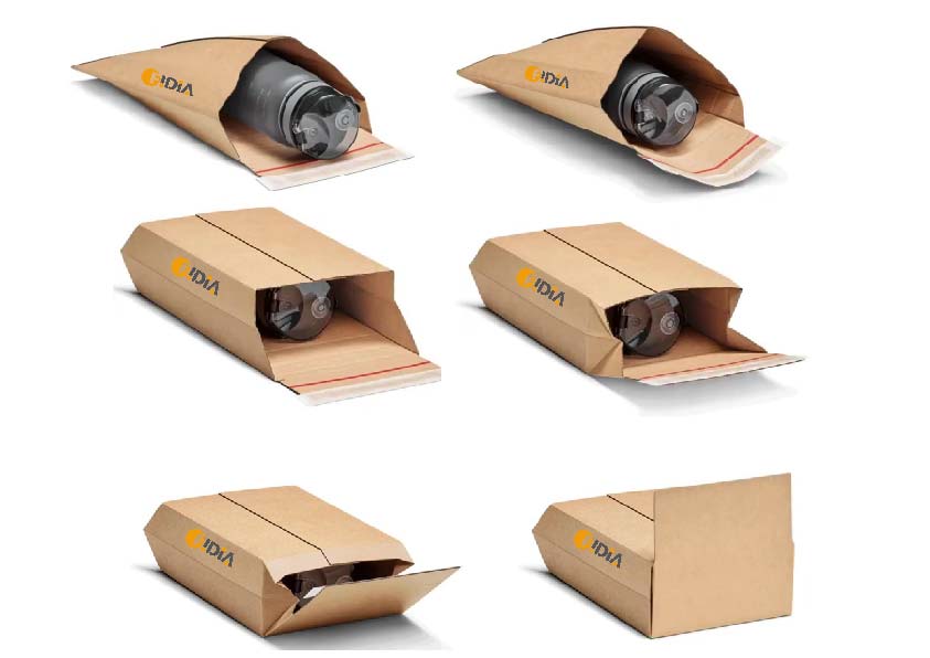 Sobre de cartón expandible mostrado plano, parcialmente expandido y totalmente abierto alrededor de un producto
